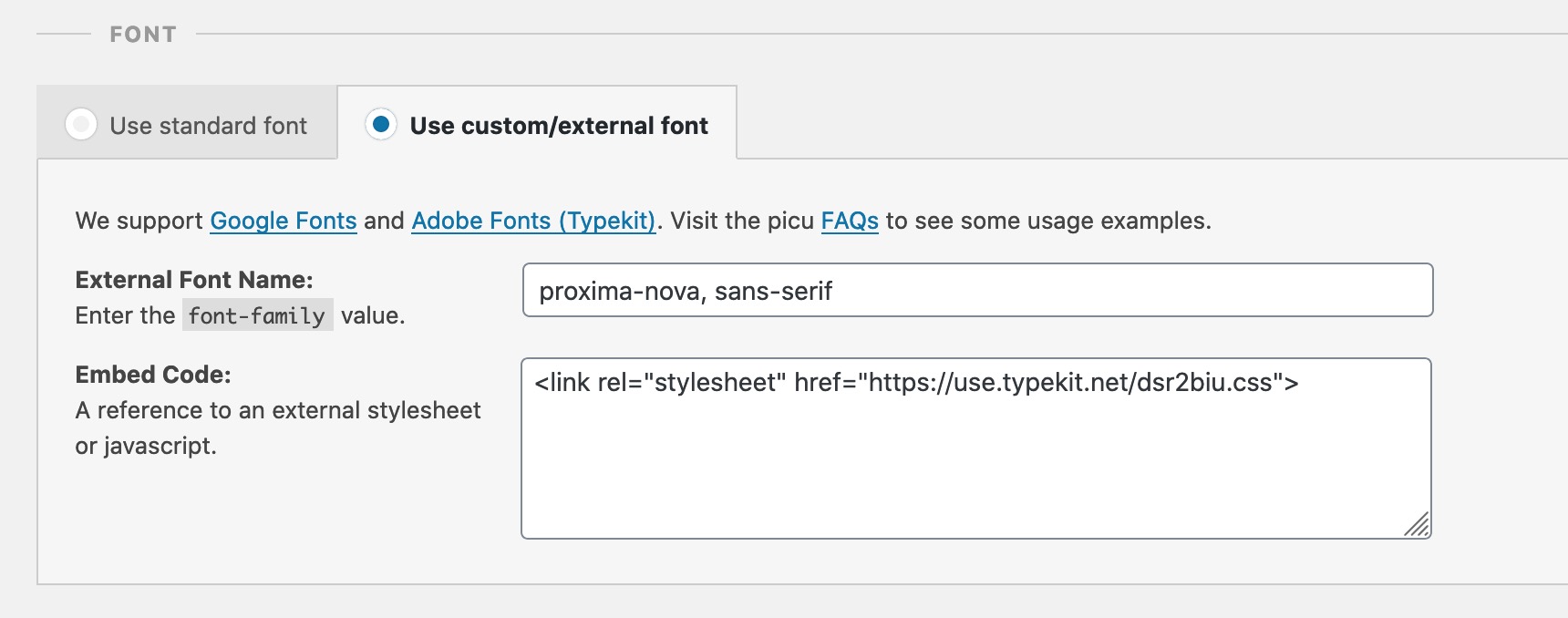 Using an external Adobe / Typekit Font with picu Brand & Customize