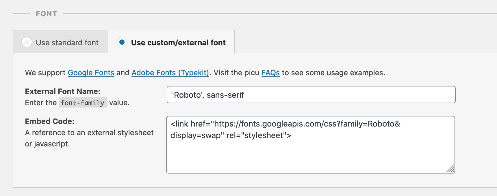Using an external Google Font with picu Brand & Customize