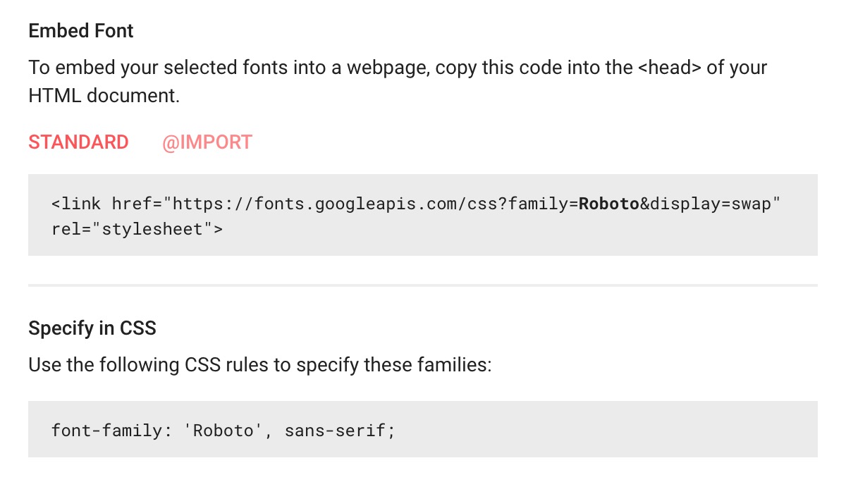 Screenshot of Google Fonts embed code