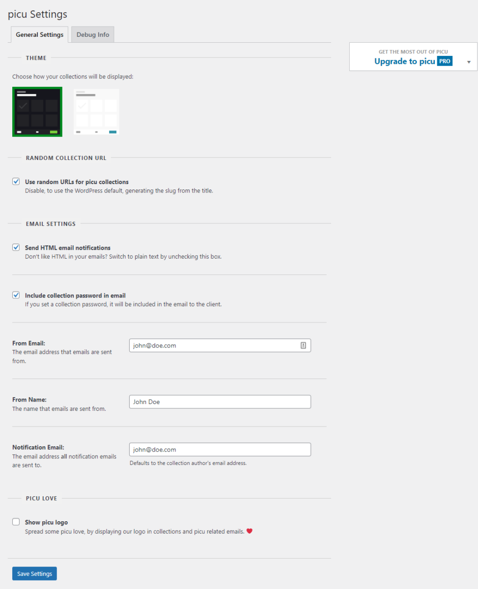 picu Settings page