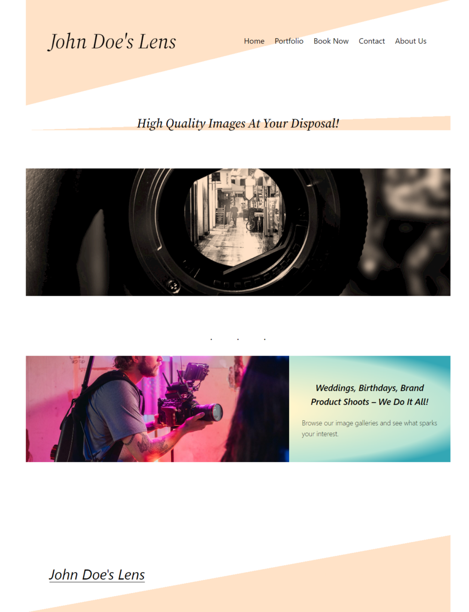 Photography portfolio site landing page